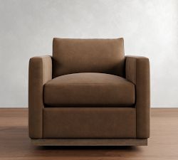 Carmel Slim Arm Leather Wood Base Swivel Chair