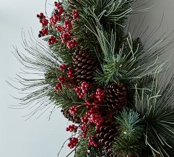 Lit Faux Red Berry &amp; Pine Wreath