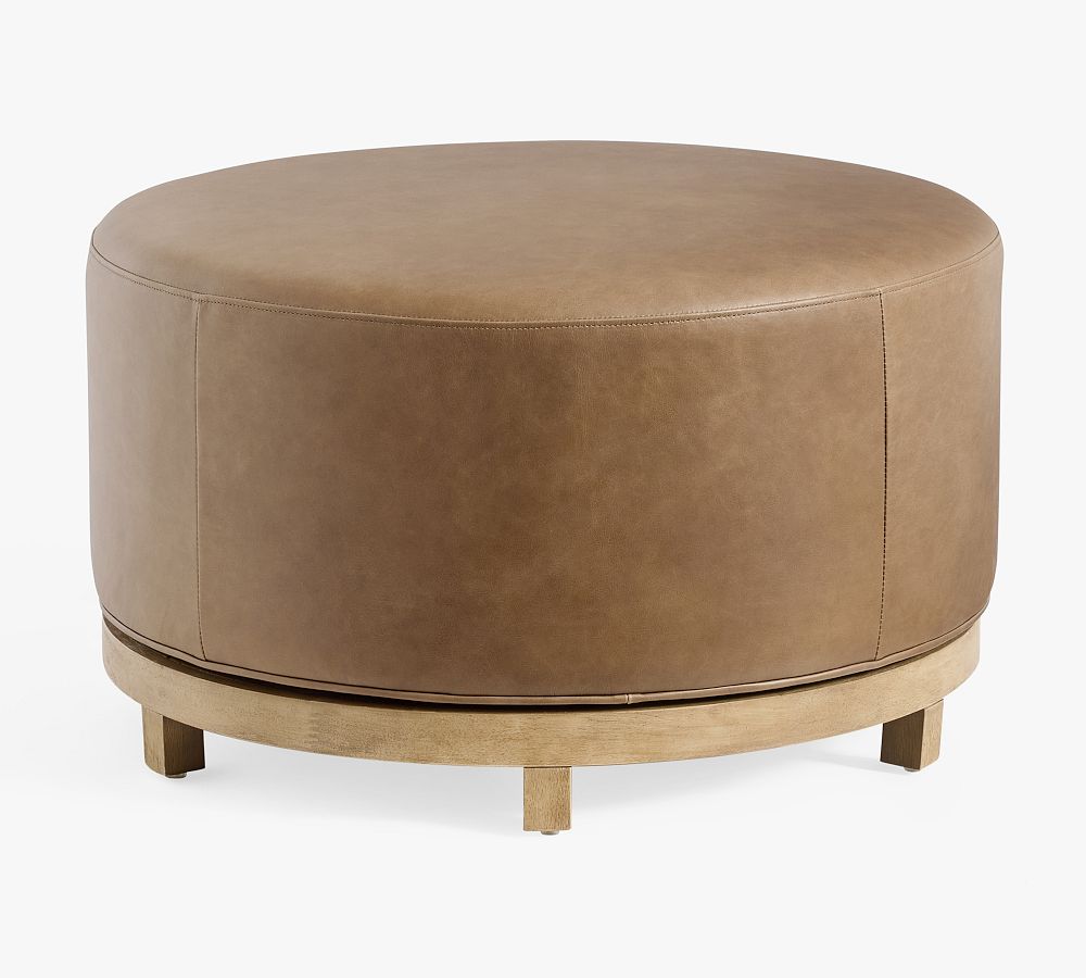 Jake Swivel Leather Wood Base Ottoman by Pottery Barn