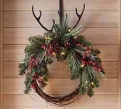 Lit Faux Red Berry &amp; Pine Wreath
