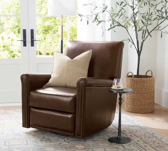 Irving Roll Arm Leather Swivel Glider Recliner by Pottery Barn