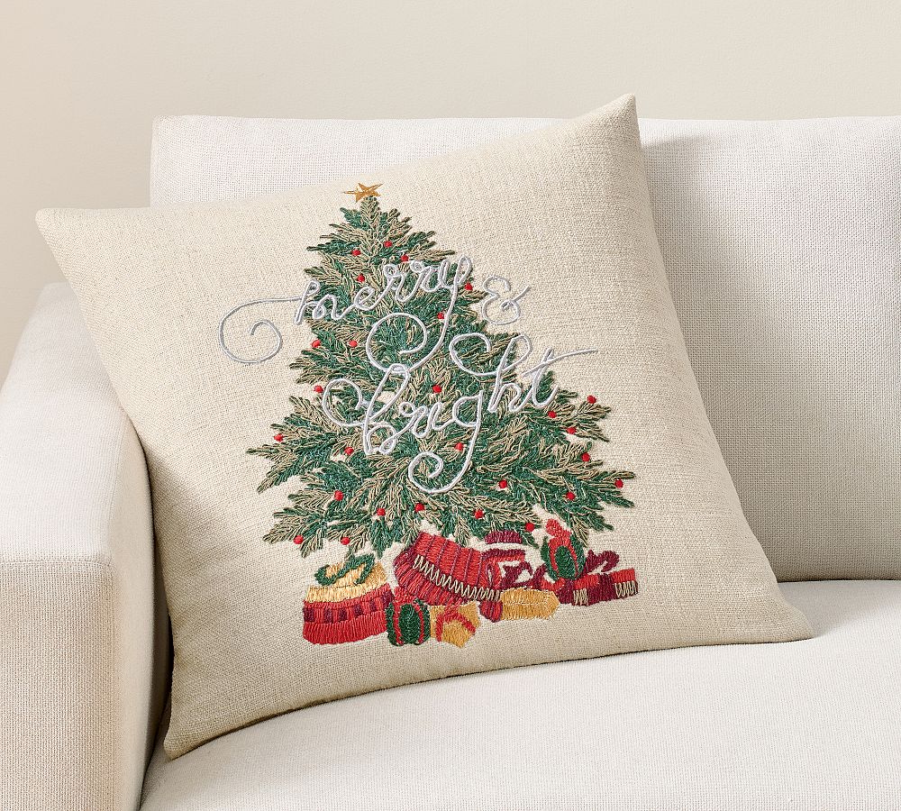 Merry and Bright Embroidered Pillow Cover - Flax Multi, 22"