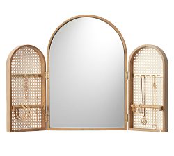 Tri-Fold Mirror with Caned Jewelry Holder