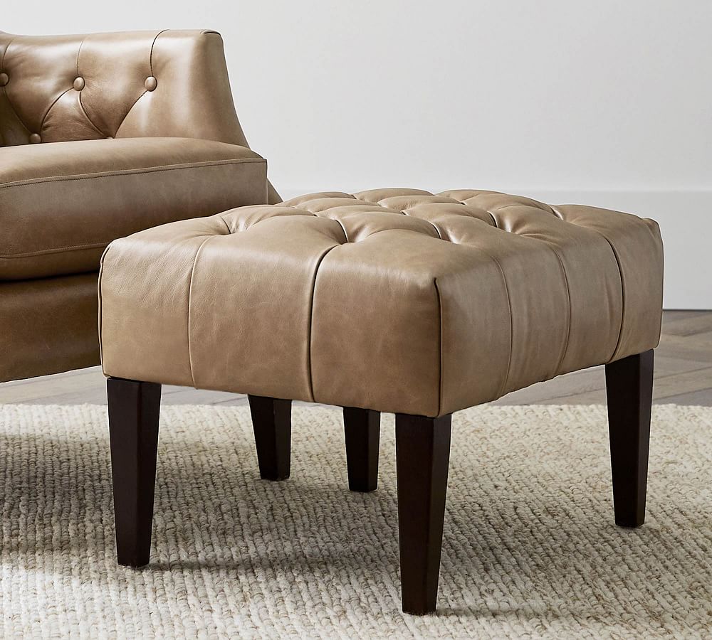 Champlain Tufted Wingback Leather Ottoman by Pottery Barn