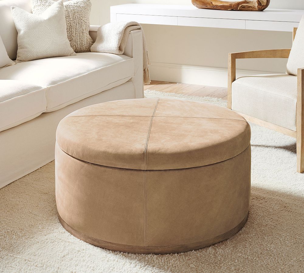 Lawton Round Leather Ottoman by Pottery Barn