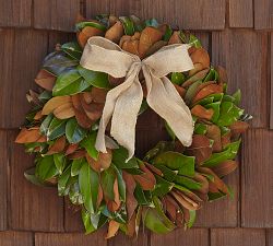 Live Magnolia Leaf Wreath with Burlap Bow