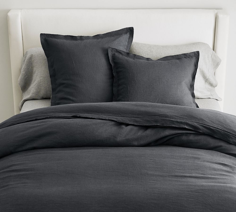 Belgian Flax Linen Double Flange Duvet Cover - Ebony, King/Cal. King