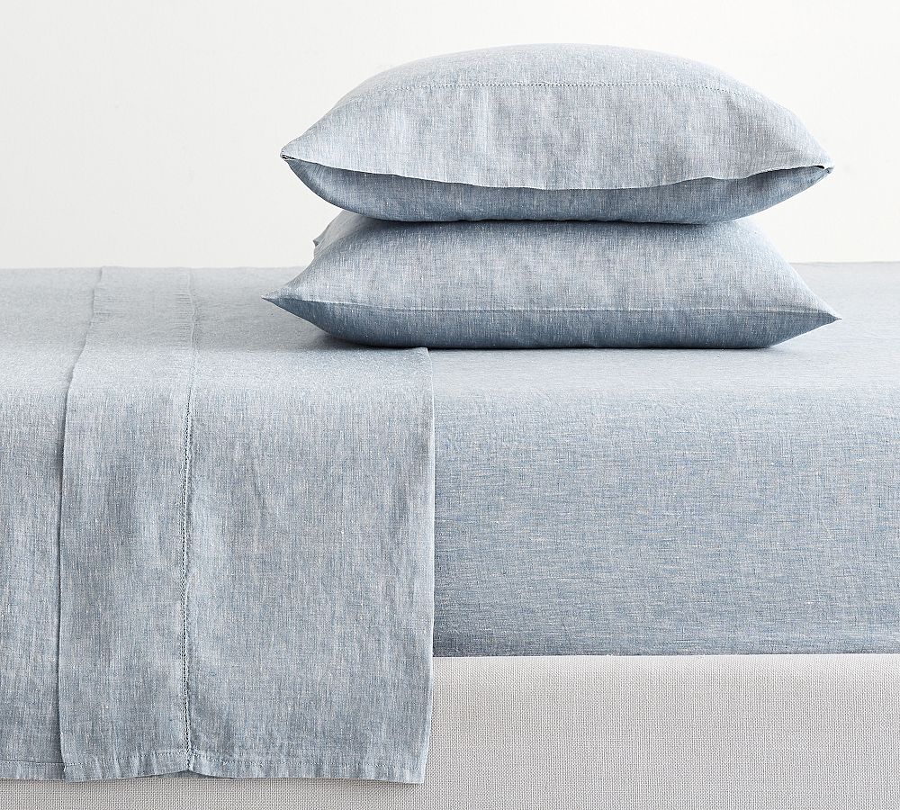 Belgian Flax Linen Hemstitch Sheet Set - Chambray, Queen