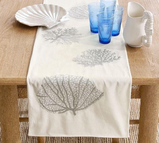 Coral Shimmer Embroidered Cotton Table Runner