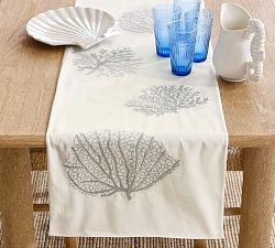 Coral Shimmer Embroidered Cotton Table Runner