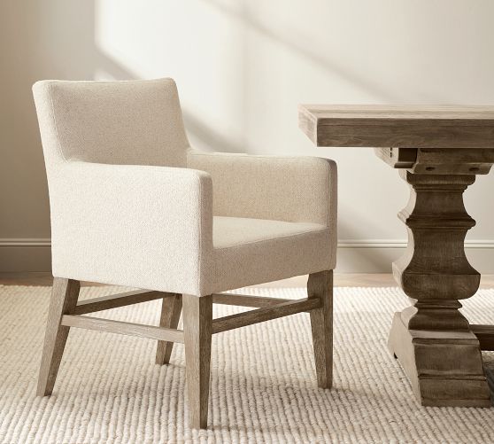 Classic Upholstered Dining Armchair with Stretcher by Pottery Barn