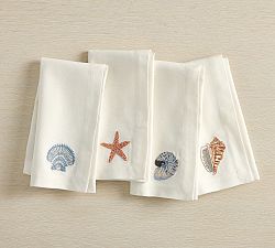 Enchanted Sea Embroidered Icon Cotton Napkins - Mixed Set of 4