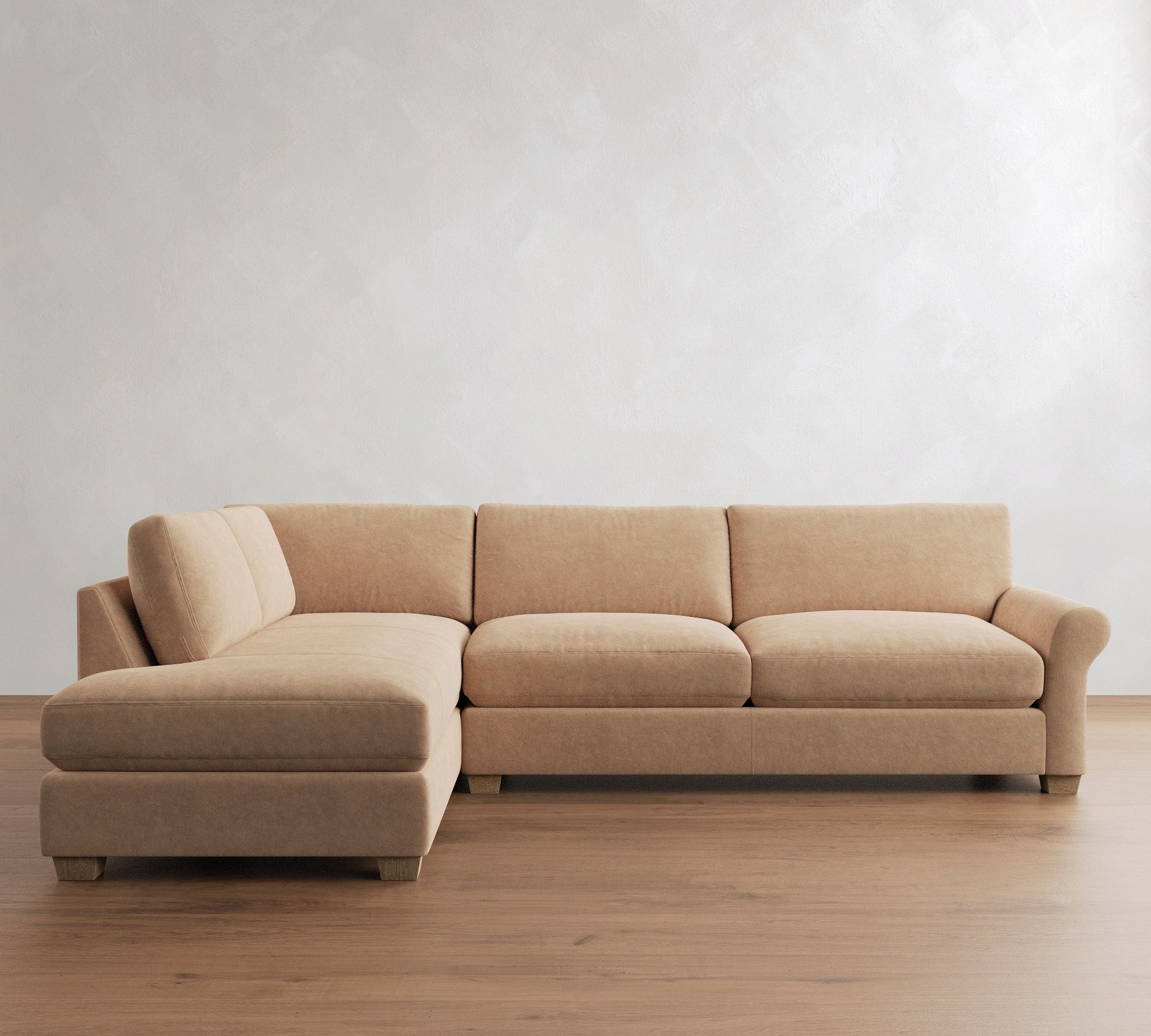 PB Comfort Modern Roll Arm Leather Return Bumper Sectional (124")