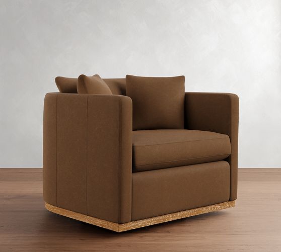 Ayden Barrel Arm Leather Wood Base Swivel Chair by Pottery Barn