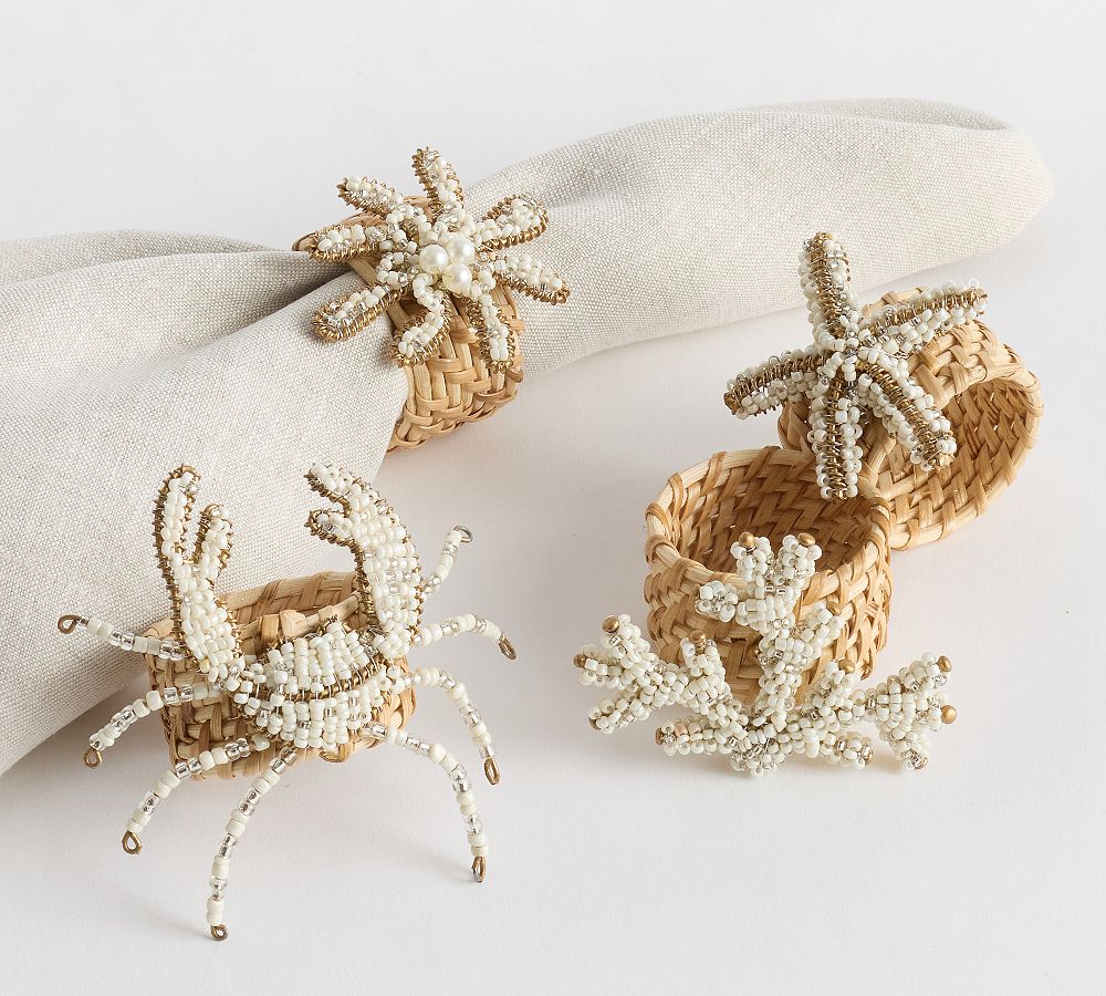 Beaded Coastal Napkin Rings - Mixed Set of 4 - Mixed Set of 4 - Neutral
