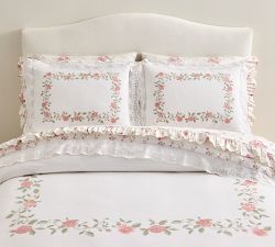 LoveShackFancy Pink Embroidered Rose Duvet Cover
