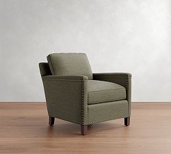 Open Box: Tyler Square Arm Chair with Nailheads - Performance Textured Weave Olive, Espresso 