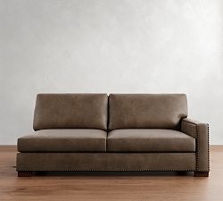 Open Box: Build Your Own Turner Square Arm Deep Seat Leather Sectional, Right Sofa with Nailheads - Gravel Chocolate, Dark Walnut Legs