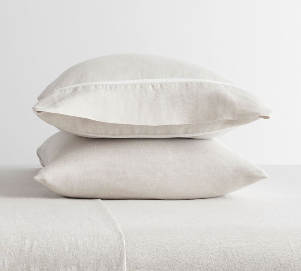 Belgian Flax Linen Contrast Flange Pillowcases - Set of 2 - Natural/White Belgian, Standard, Set of 2