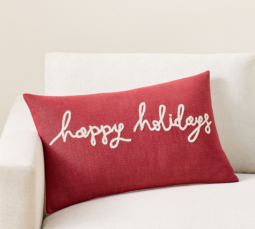 Happy Holidays Embroidered Lumbar Pillow Cover - 16" x 26", Red