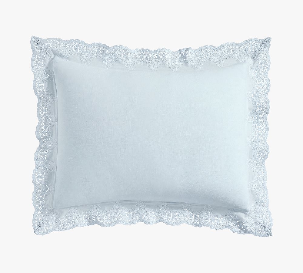LoveShackFancy Belgian Flax Linen Sham with Lace Trim - Blue, Standard