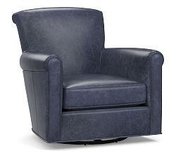 Open Box: Irving Roll Arm Leather Swivel Armchair without Nailheads (33") - Statesville Indigo