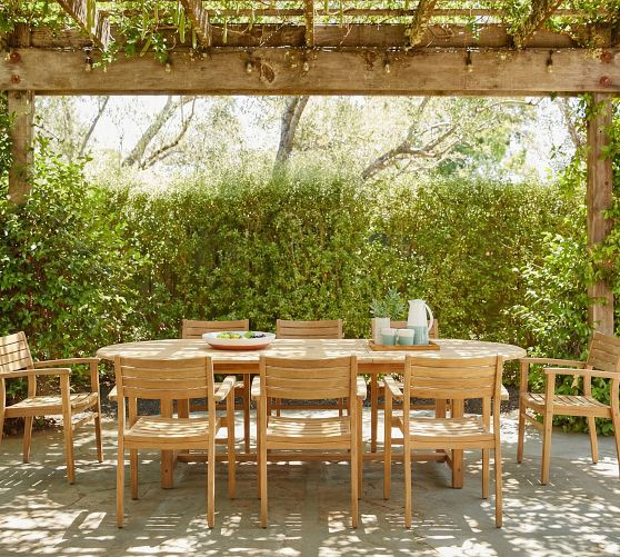Nassau 9-Piece Teak Oval Outdoor Table & Placid Teak Dining