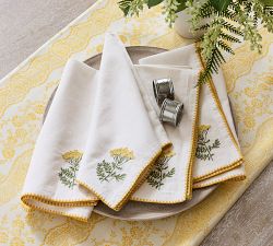 Botanical Embroidered Cotton/Linen Napkins - Set of 4