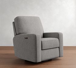 Open Box: PB Comfort Modern Square Arm Upholstered Swivel Glider Recliner, Powered, Polyester Wrapped Cushions - Performance Heathered Basketweave Platinum