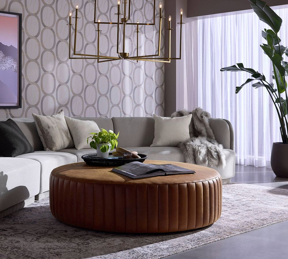 Oakdale Round Leather Ottoman by Pottery Barn