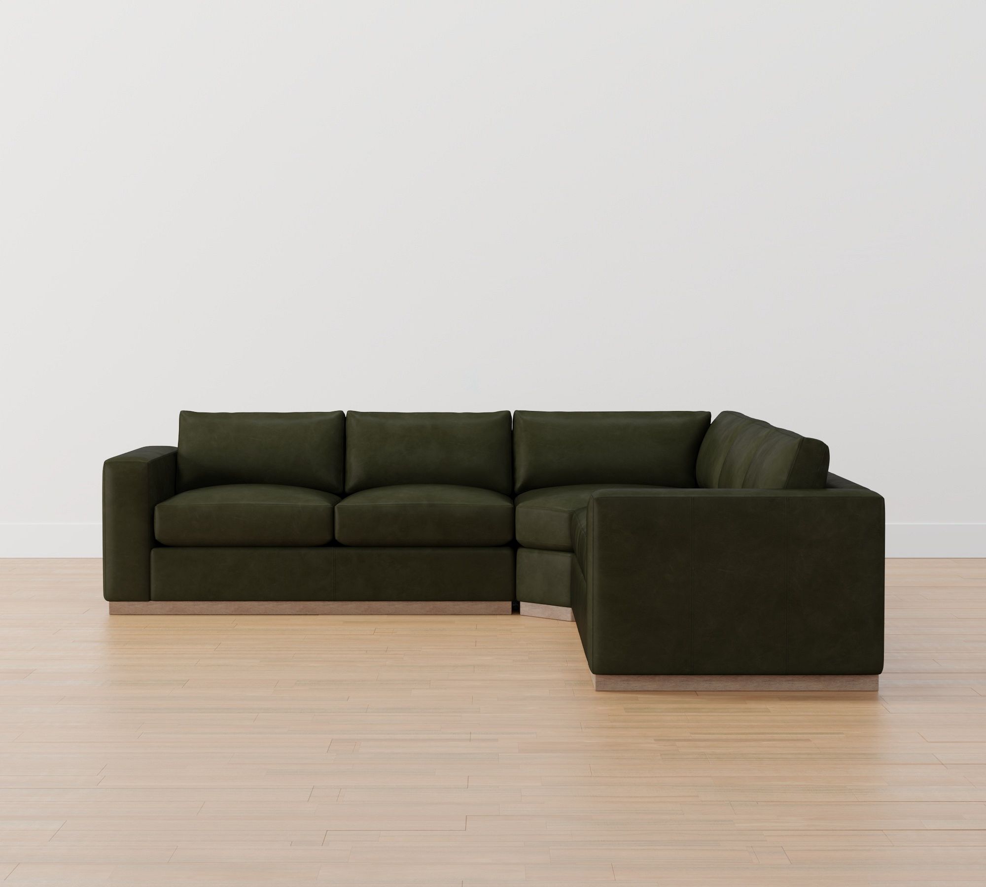 Carmel Wide Arm Leather Wood Base 3-Piece L-Shaped Wedge Sectional (120")
