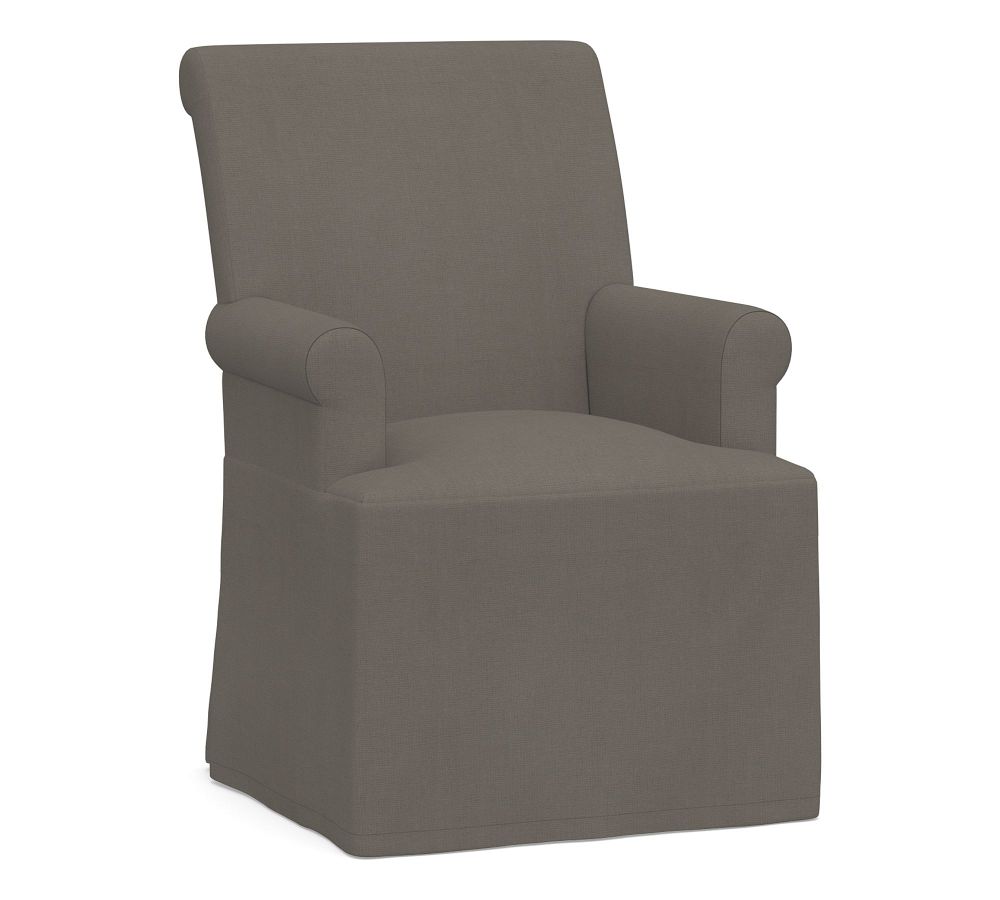 PB Comfort Roll Long Slipcovered Dining Armchair, Espresso Legs, Washed Linen/Cotton Metal Gray
