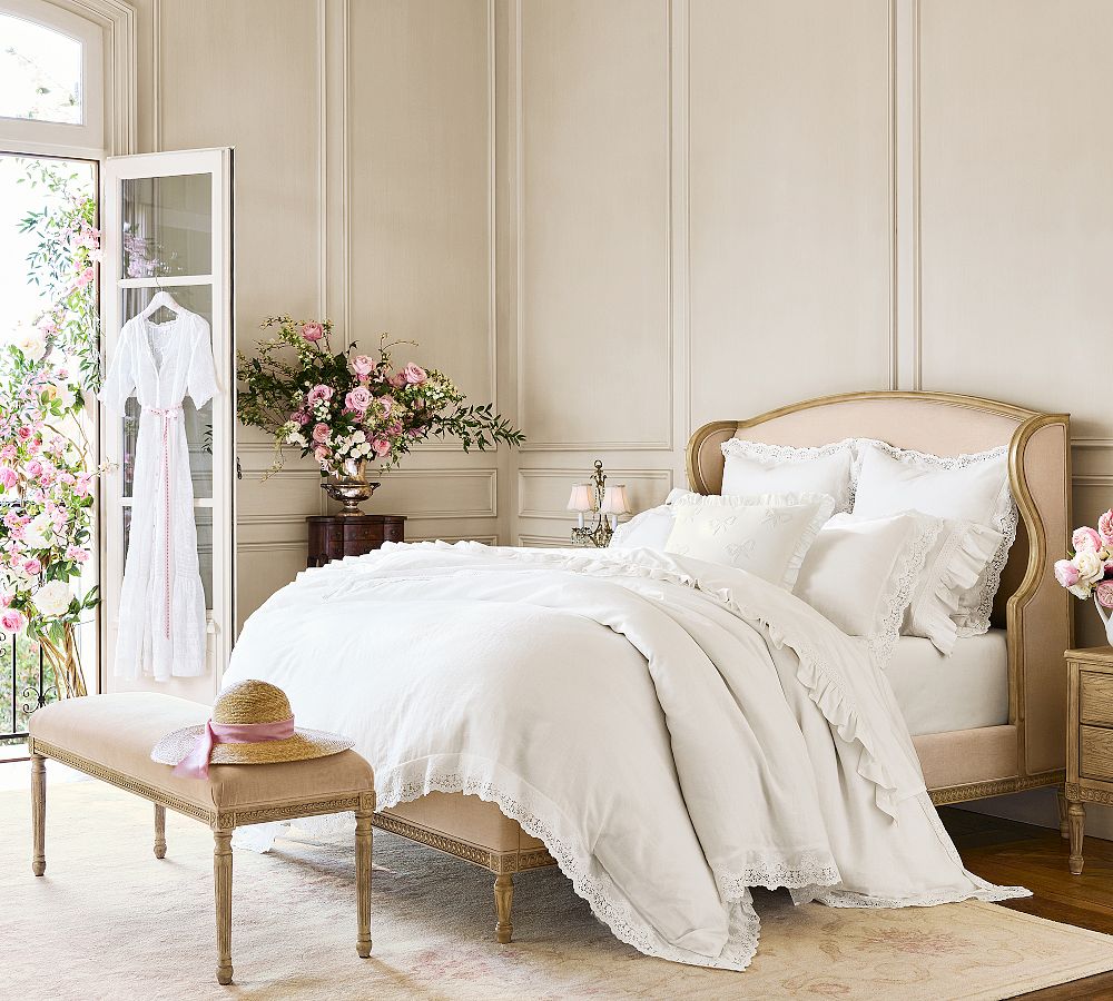 LoveShackFancy Belgian Flax Linen Duvet Cover with Lace Trim