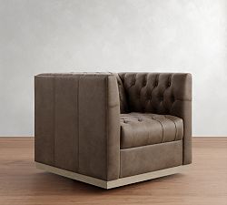 Open Box: Edgewood Leather Swivel Armchair without Nailheads - Gravel Chocolate, Seadrift