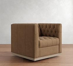Open Box: Edgewood Leather Swivel Armchair without Nailheads - Nubuck Wheat, Seadrift
