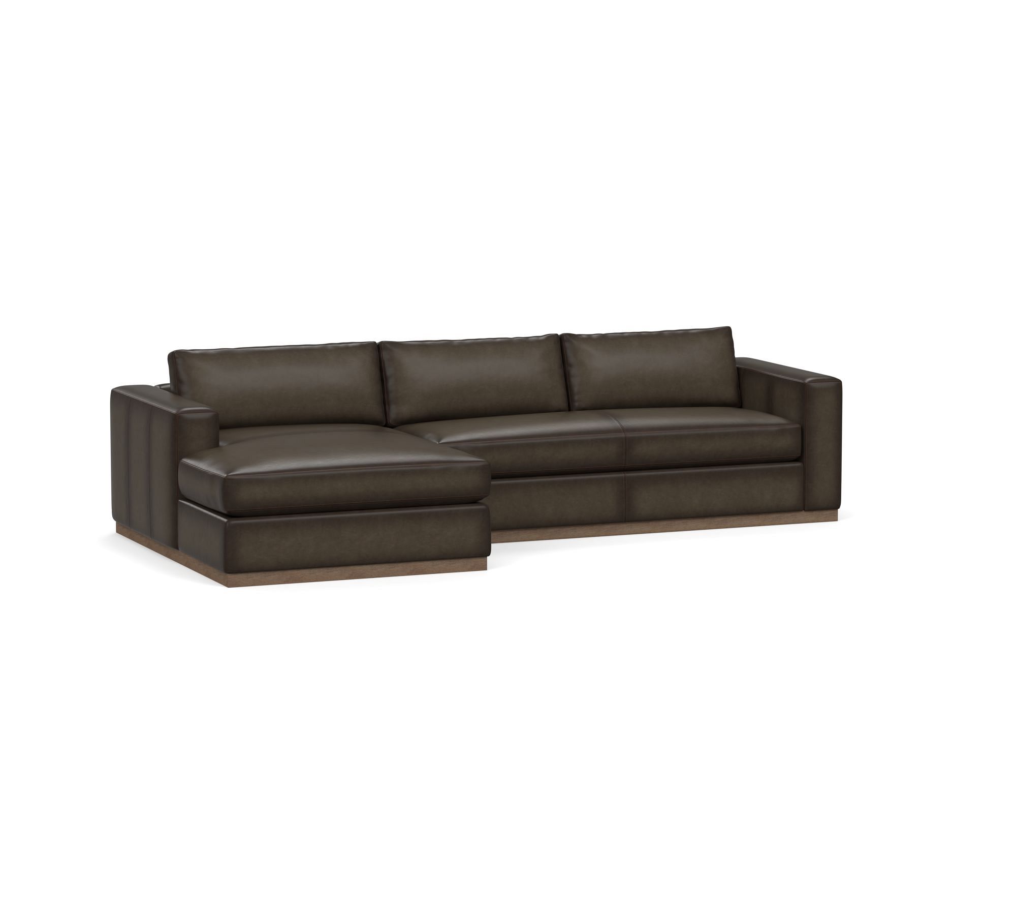 Carmel Wide Arm Leather Wood Base Chaise Sectional (112"&ndash;134")