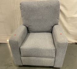 Open Box: PB Comfort Modern Square Arm Upholstered Swivel Glider Recliner, Powered, Polyester Wrapped Cushions - Performance Heathered Basketweave Platinum