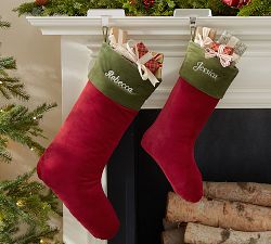 Classic Velvet Stockings - Ivory with Green Cuff