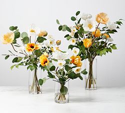 Faux Yellow &amp; White Poppy Arrangement In Glass Vase