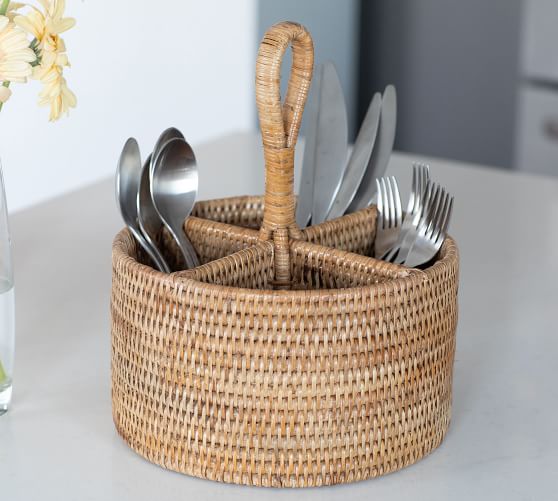 Tava Handwoven Rattan Round Flatware Caddy