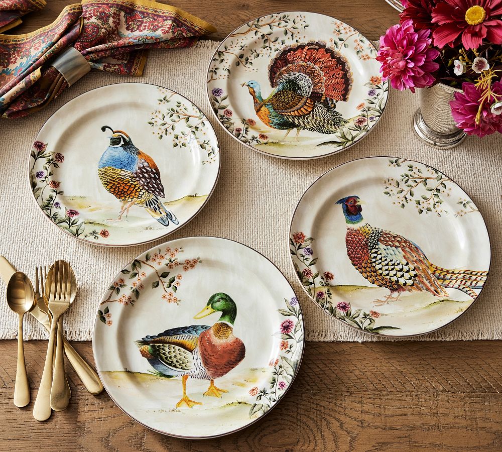 Botanical Harvest Bird Stoneware Dinner Plates - Mixed Set of 4 by Pottery Barn