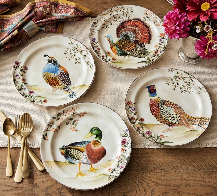  Dinnerware　Harvest Festival　プレート Assorted Botanical Harvest Bird Dinner Plate Sets | Pottery Barn