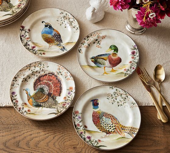 Botanical Harvest Bird Stoneware Salad Plates - Mixed Set of 4 by Pottery Barn