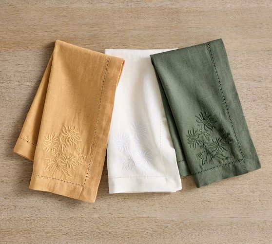 Monochrome Embroidered Floral Cotton/Linen Napkins - Set of 4