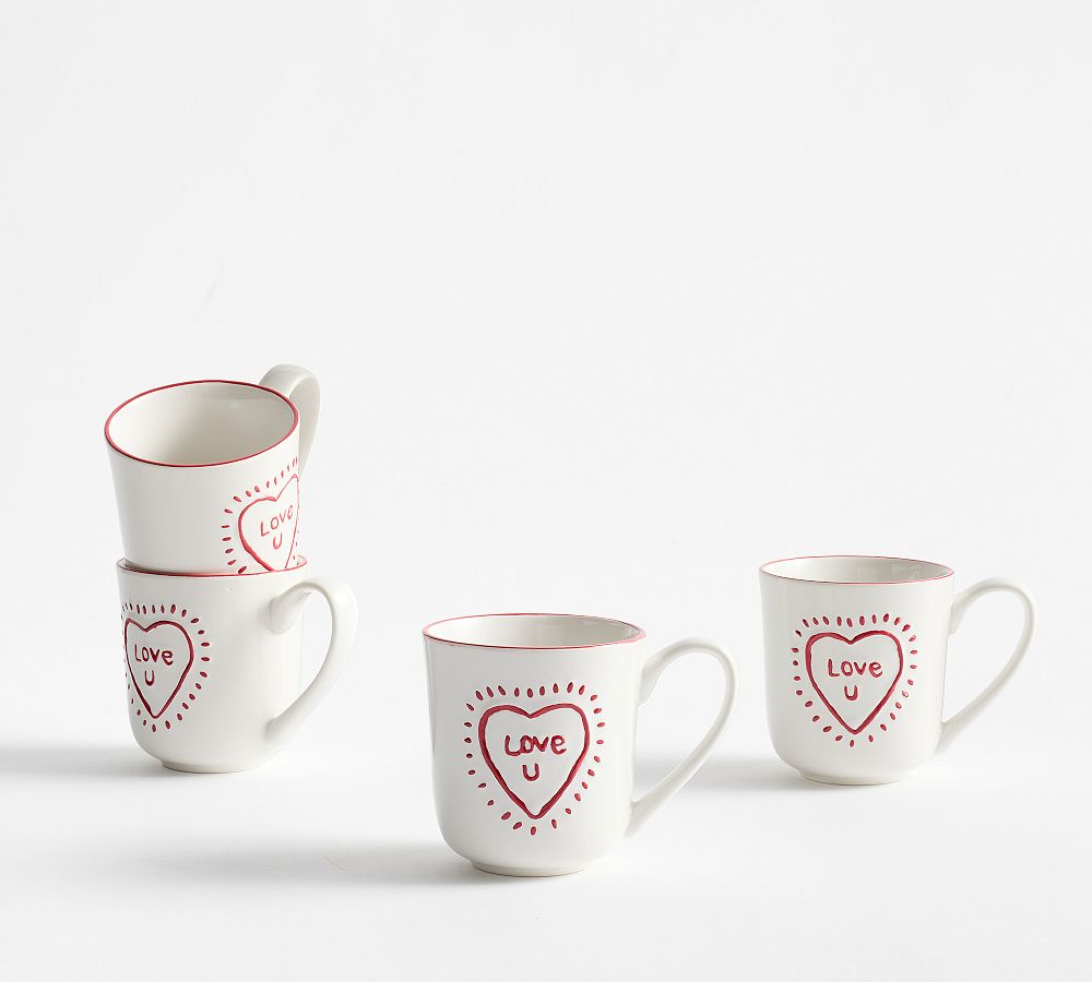 Love You Embossed Stoneware Mugs - Set of 4 - Set of 4 - White/Red