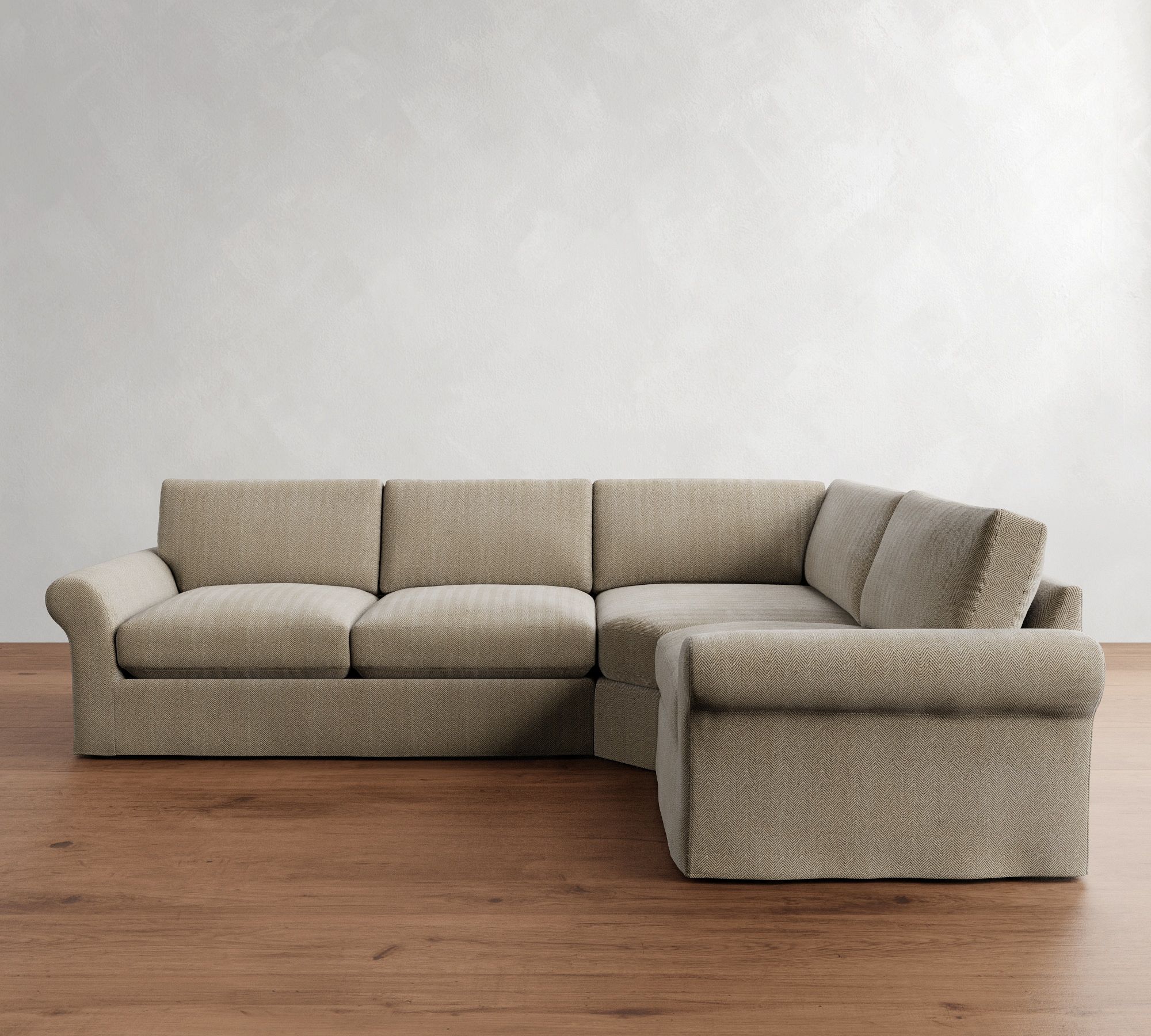 PB Comfort Modern Roll Arm Slipcovered 3-Piece Wedge Sleeper Sectional (121")