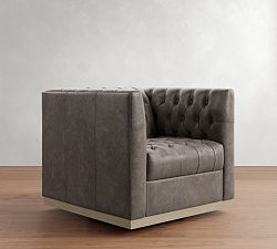 Open Box: Edgewood Leather Swivel Armchair without Nailheads - Statesville Iron, Seadrift