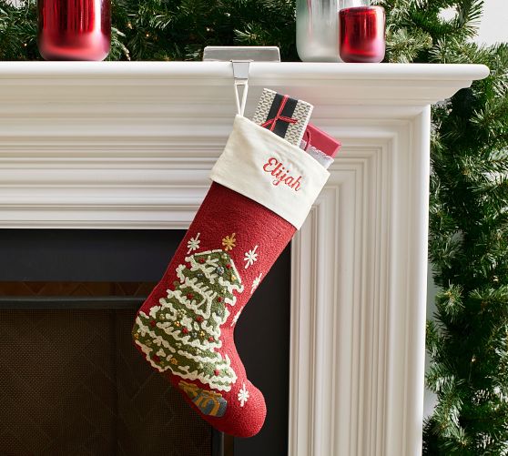 Red Christmas Tree Crewel Stocking