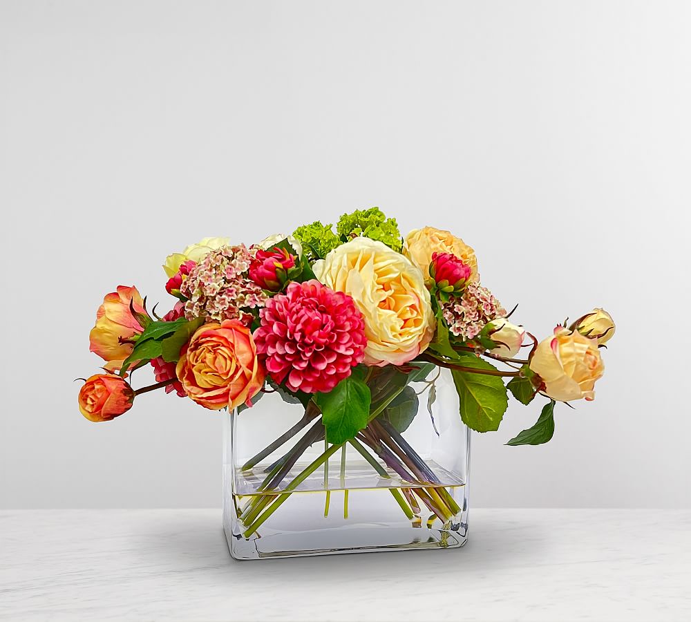 Faux Dahlia Garden Rose Arrangement in Square Glass Vase by Pottery Barn