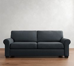 Open Box: Buchanan Roll Arm Upholstered Grand Sofa (93.5"), 2 Seat Cushions - Performance Textured Weave Navy, Espresso Finish 